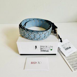 RED VALENTINO FLOWER PUZZLE STUDDED LASER-CUT LEATHER BAG STRAP BLUE